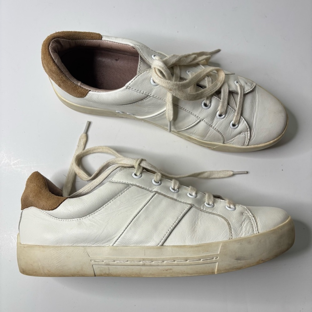 SH1 Joie Leather Low Top Sneakers Women 7 White Tan Suede Trim Minimalist